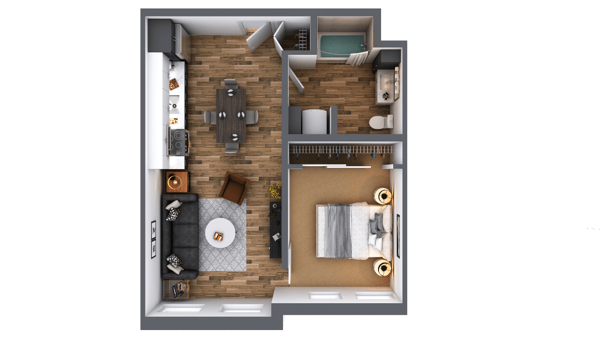 Floor plan for 1 bed, 1 bath, 675 sqft
